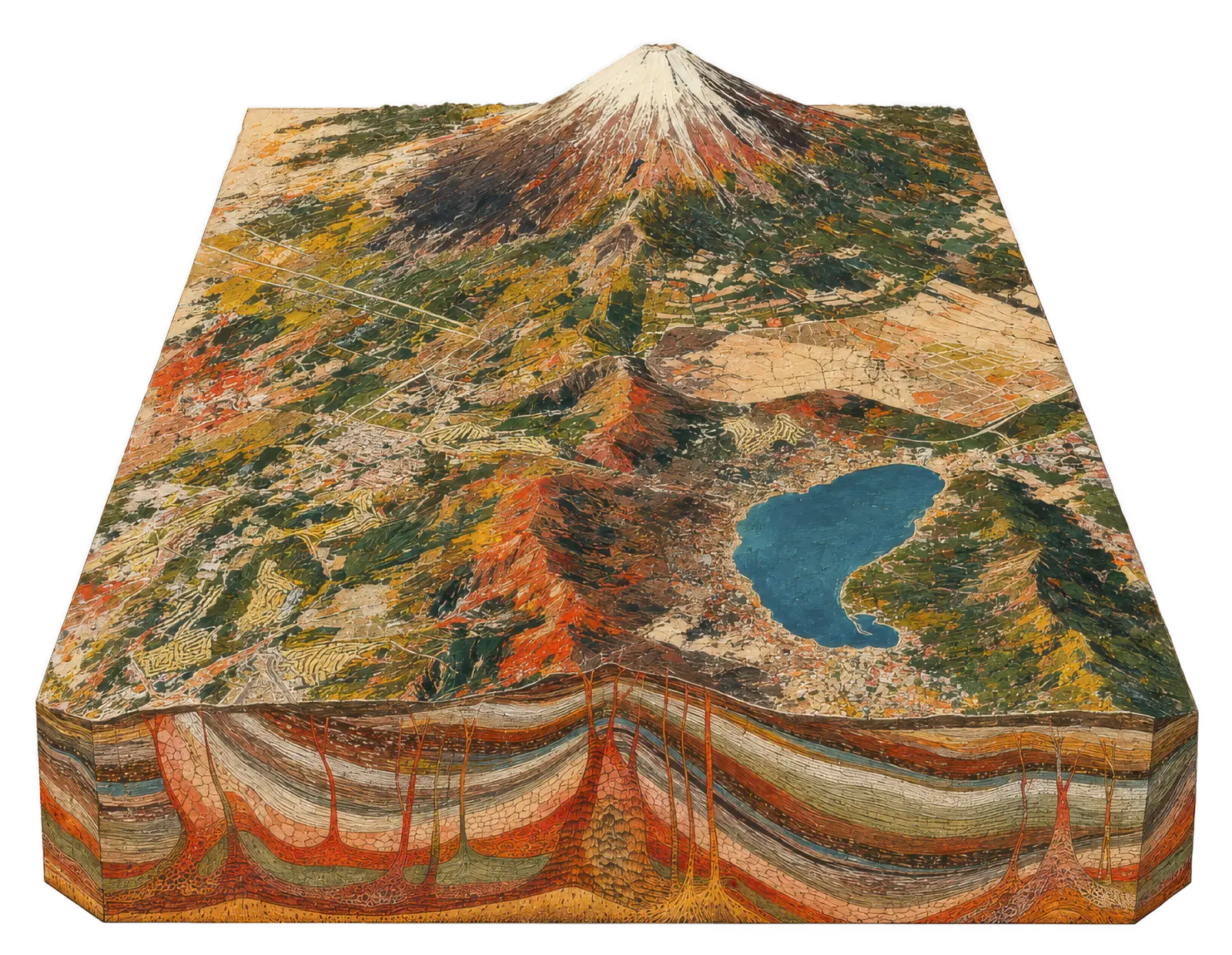 富士山と山中湖、その地下の地層を可視化した立体作品